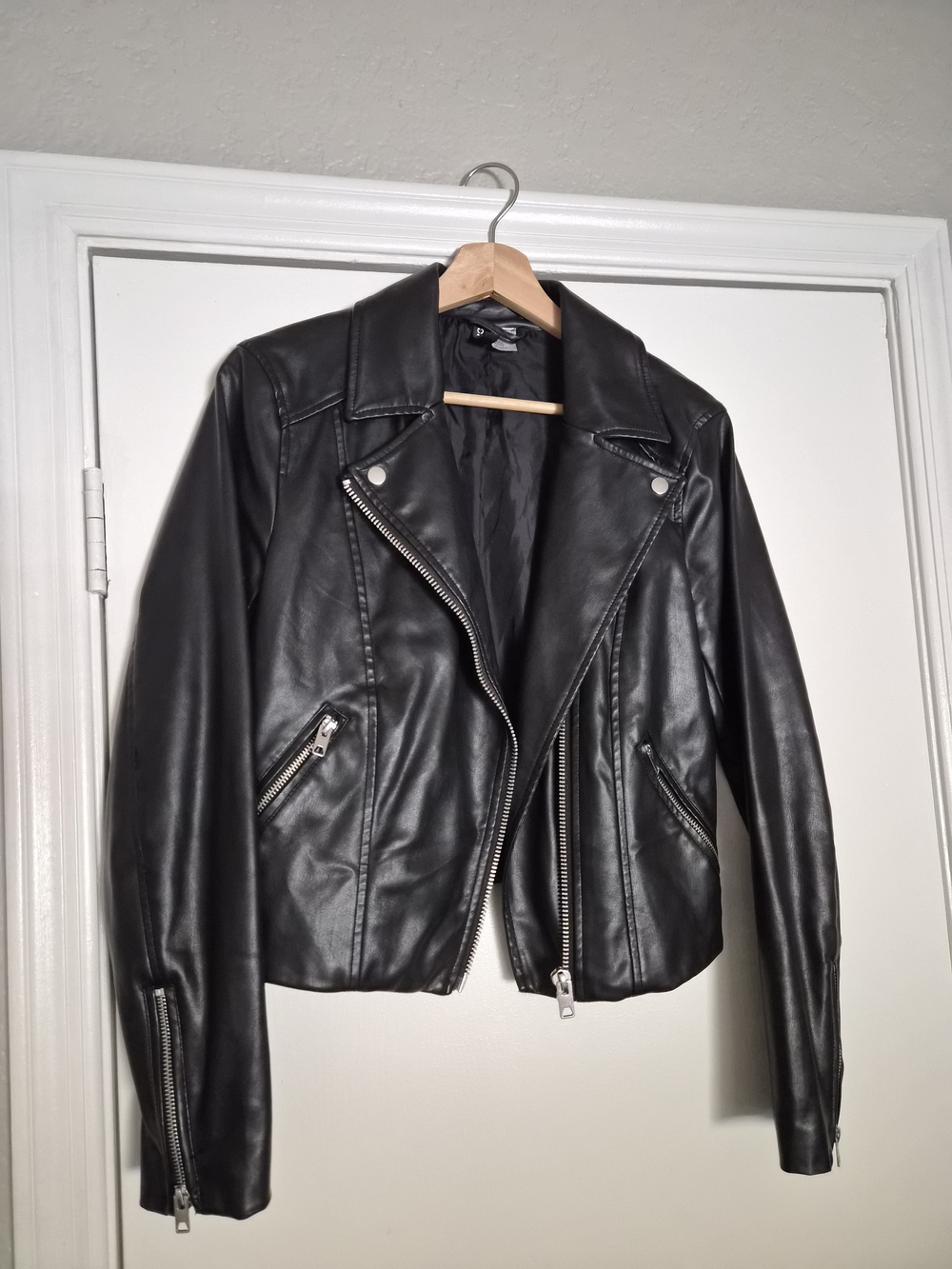 H&M Divided Black Faux Leather Biker Moto Jacket with Silver Hardware